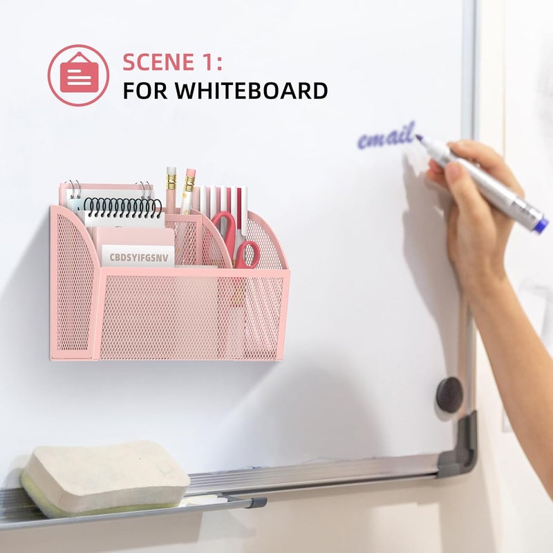 DALTACK Magnetic Pencil Holder Shelf for the Whiteboard 3-Grid Mesh Pen Refrigerator Organizer Locker Accessories Home,School and Office,Pink (3-GridPink) - Image 3